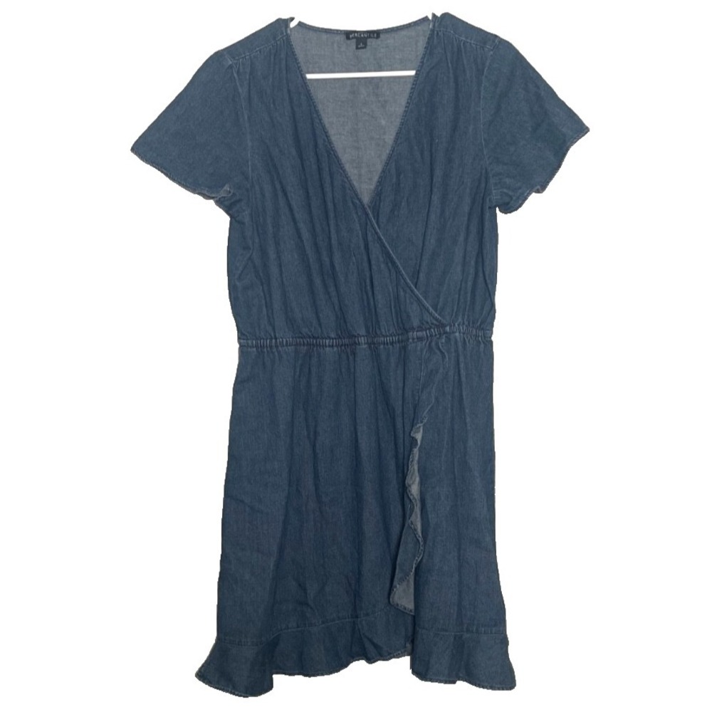 J Crew Mercantile Denim Dress Women's Largeโ Blue Ruffle Trim Elastic Waist